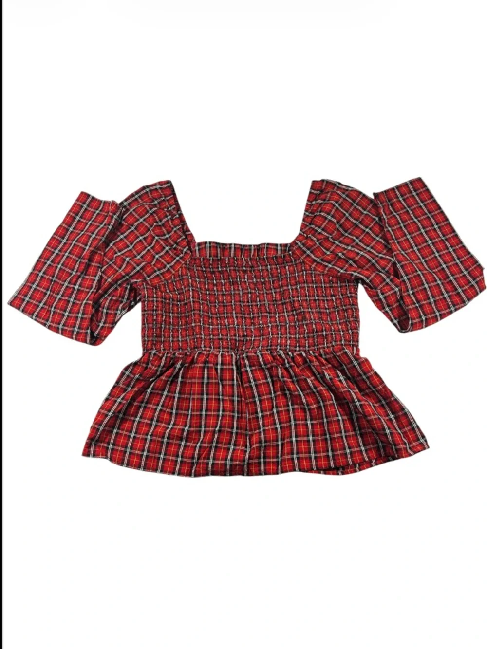 Old Navy Red Plaid Smocked Puff Sleeve Peplum Top Size L